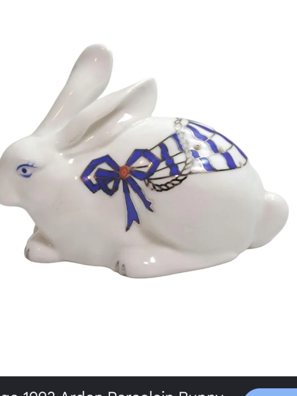 Vintage 1993 Arden Porcelain Bunny Rabbit Collectible Powder Shaker Blue White